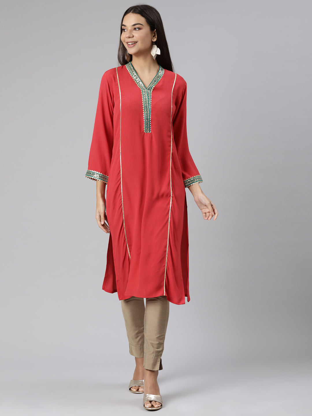 Neeru's Red Regular Straight Solid Kurtas