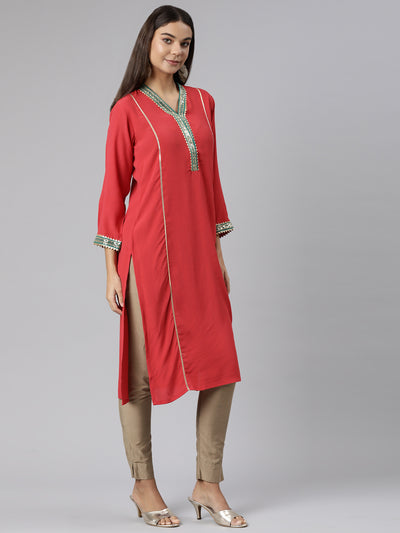 Neeru's Red Regular Straight Solid Kurtas