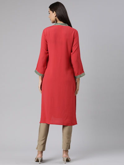 Neeru's Red Regular Straight Solid Kurtas