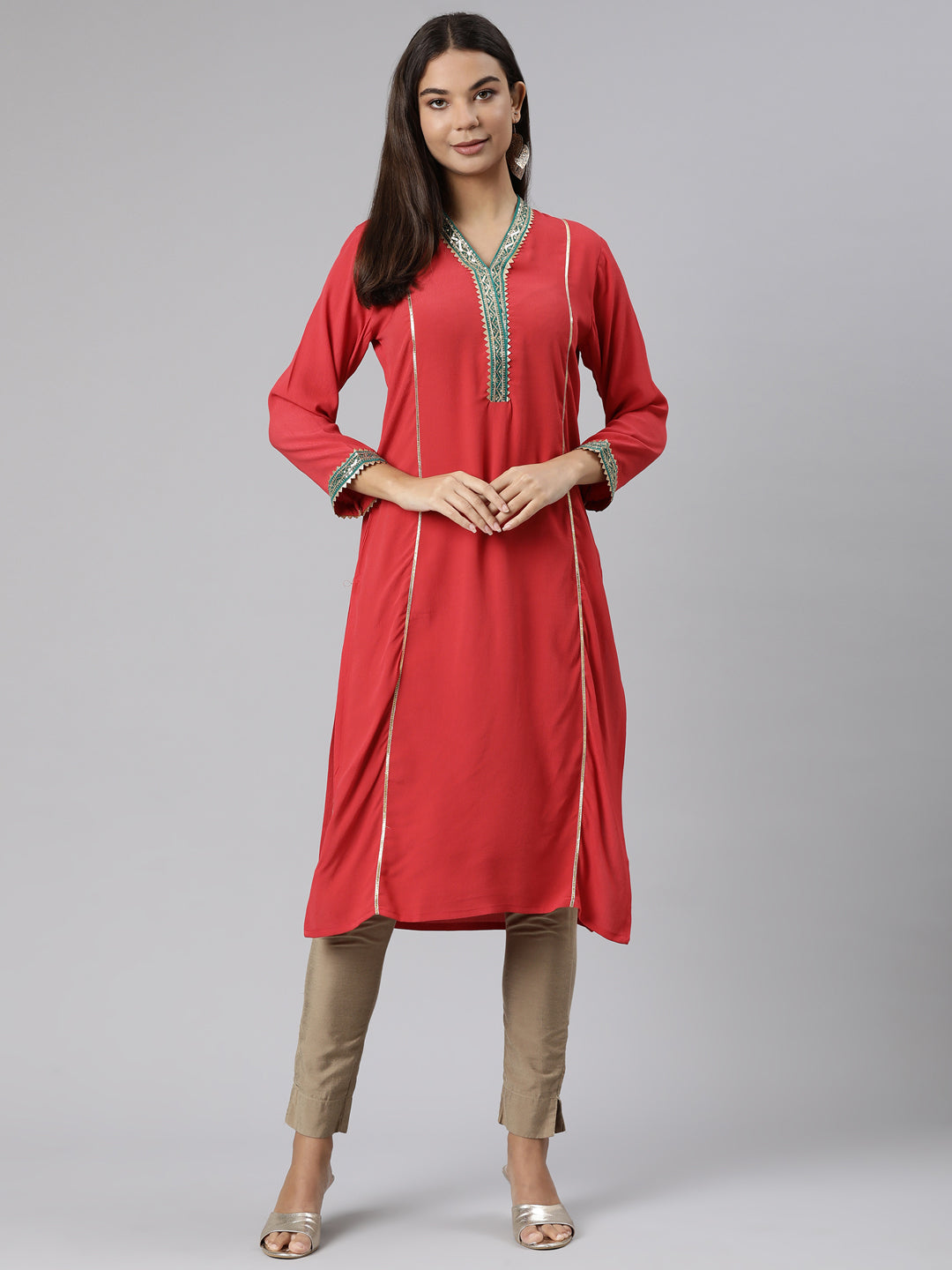 Neeru's Red Regular Straight Solid Kurtas