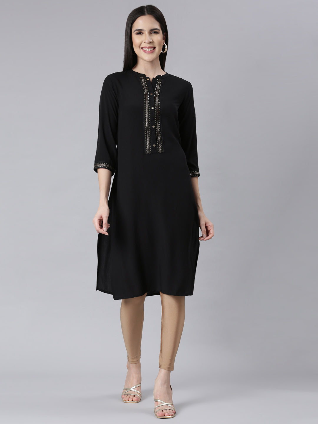 Neerus Black Panelled Straight Embellished Kurtas