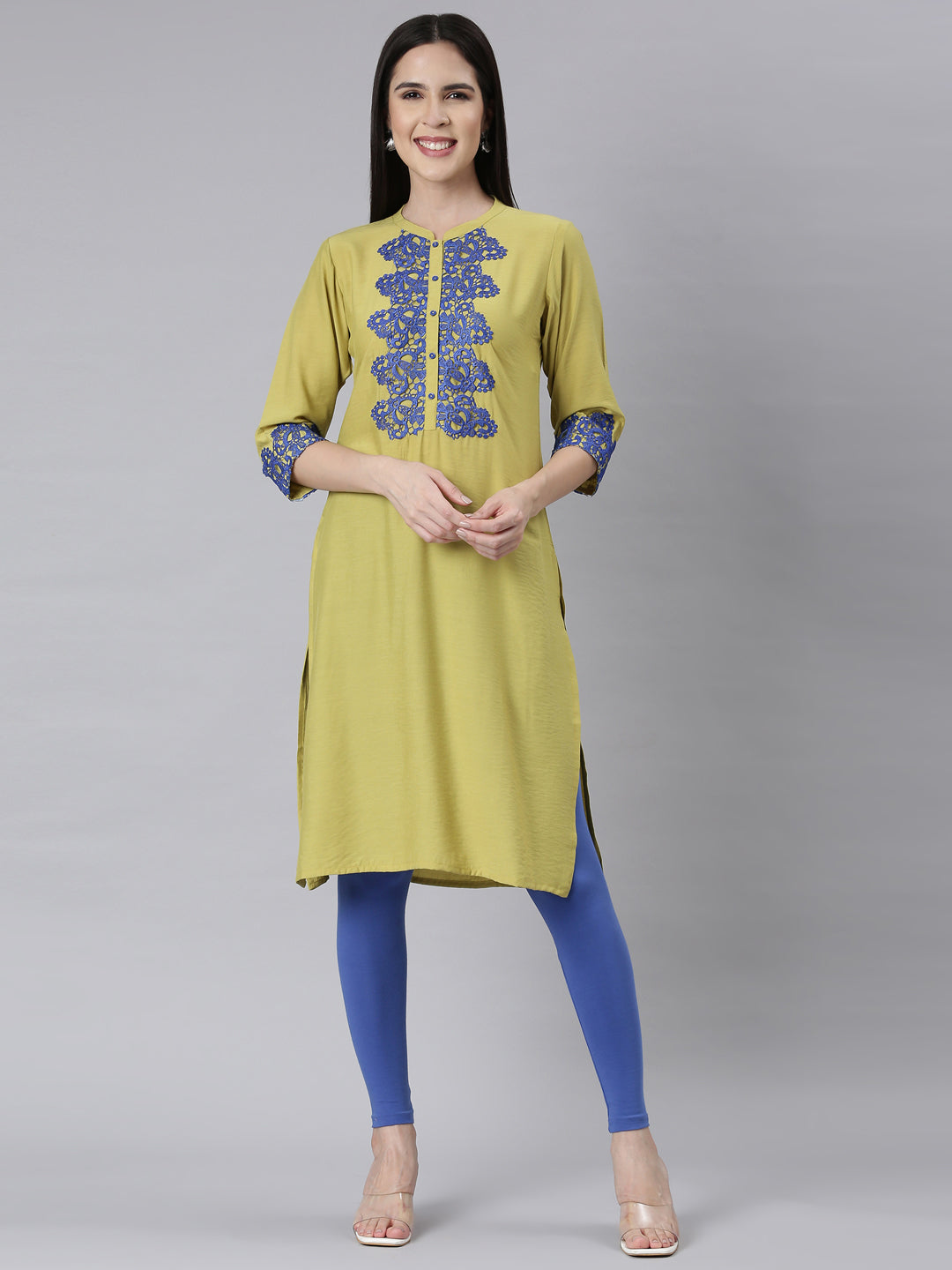 Neerus M Green Panelled Straight Embellished Kurtas