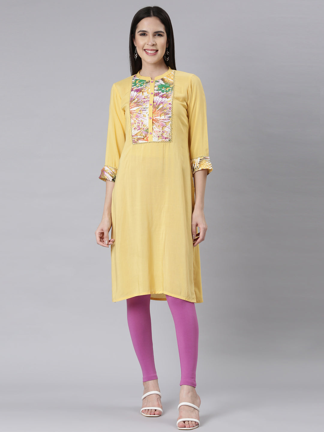 Neerus Yellow Panelled Straight Embellished Kurtas