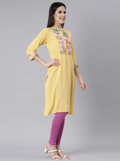 Neerus Yellow Panelled Straight Embellished Kurtas