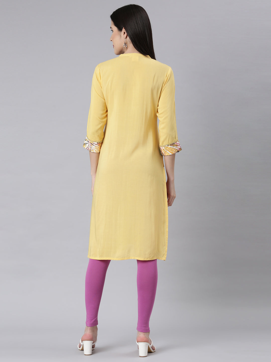 Neerus Yellow Panelled Straight Embellished Kurtas