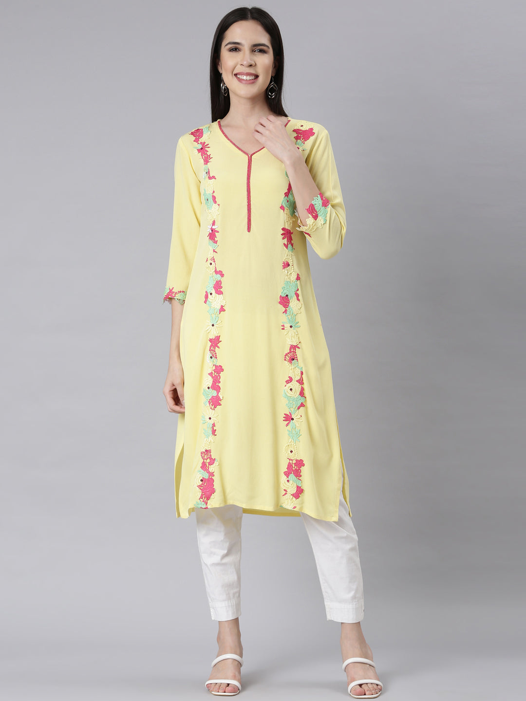 Neerus Lemon Panelled Straight Embellished Kurtas