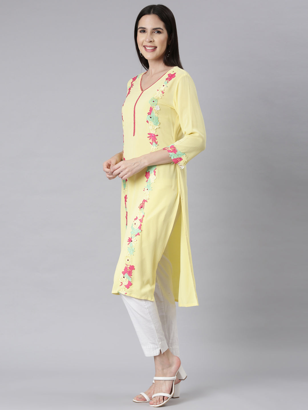 Neerus Lemon Panelled Straight Embellished Kurtas