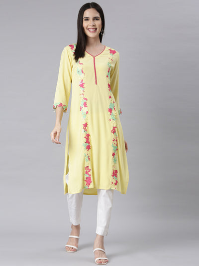 Neerus Lemon Panelled Straight Embellished Kurtas