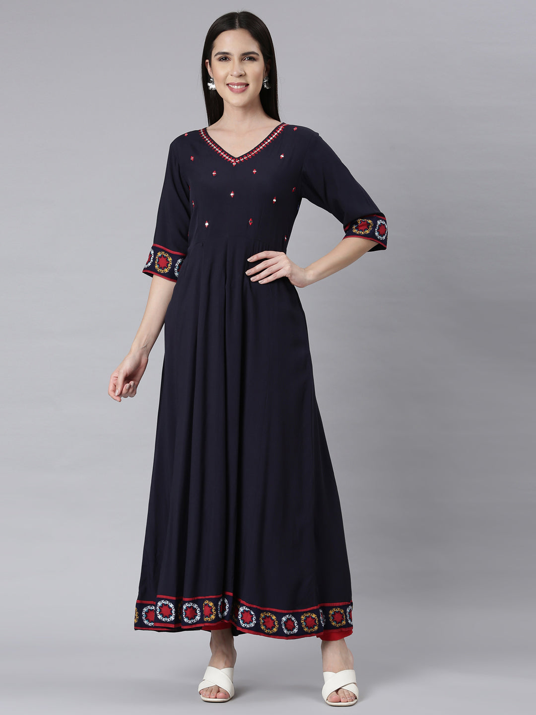 Neerus Navy Blue Panelled Anarkali Embellished Kurtas