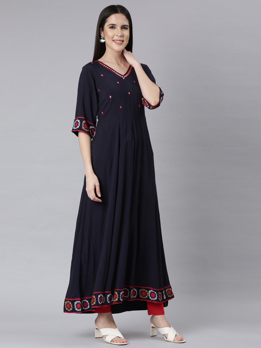 Neerus Navy Blue Panelled Anarkali Embellished Kurtas