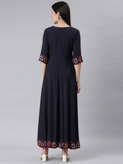 Neerus Navy Blue Panelled Anarkali Embellished Kurtas