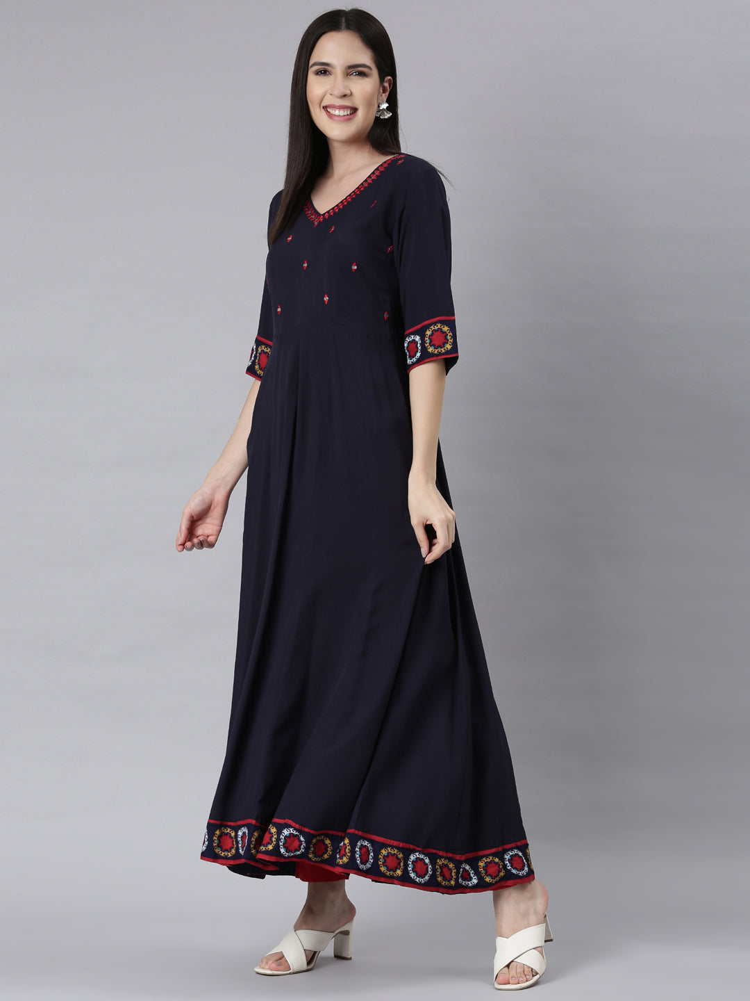 Neerus Navy Blue Panelled Anarkali Embellished Kurtas