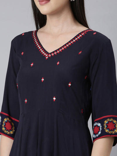 Neerus Navy Blue Panelled Anarkali Embellished Kurtas