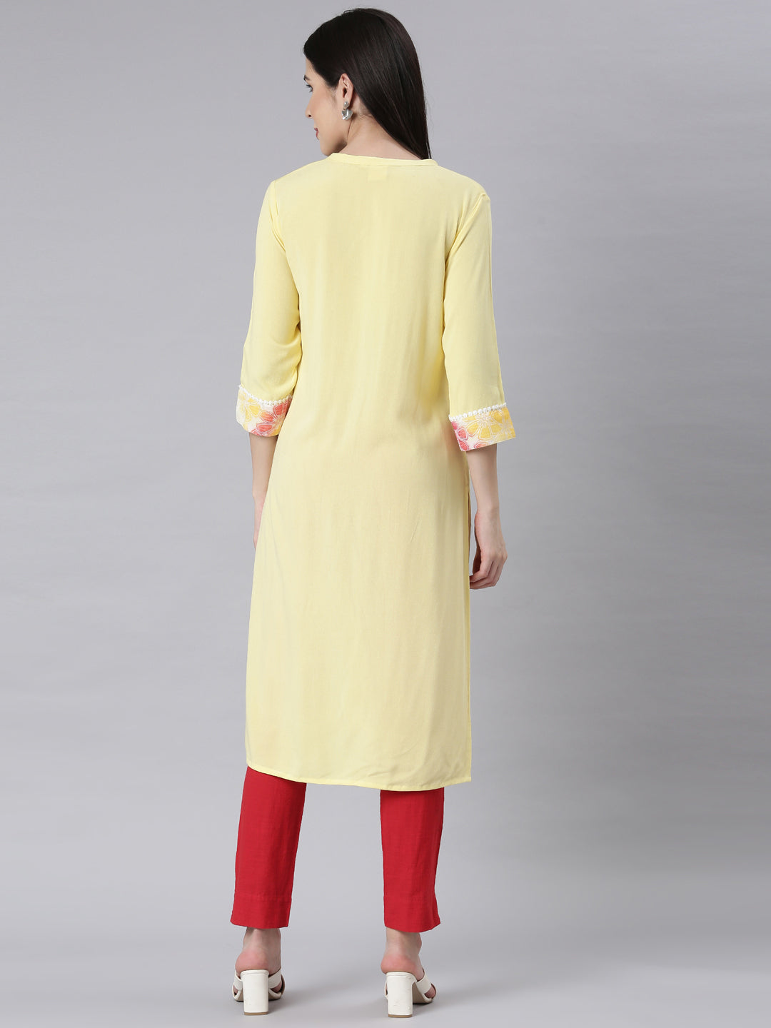 Neerus Lemon Panelled Straight Floral Kurtas