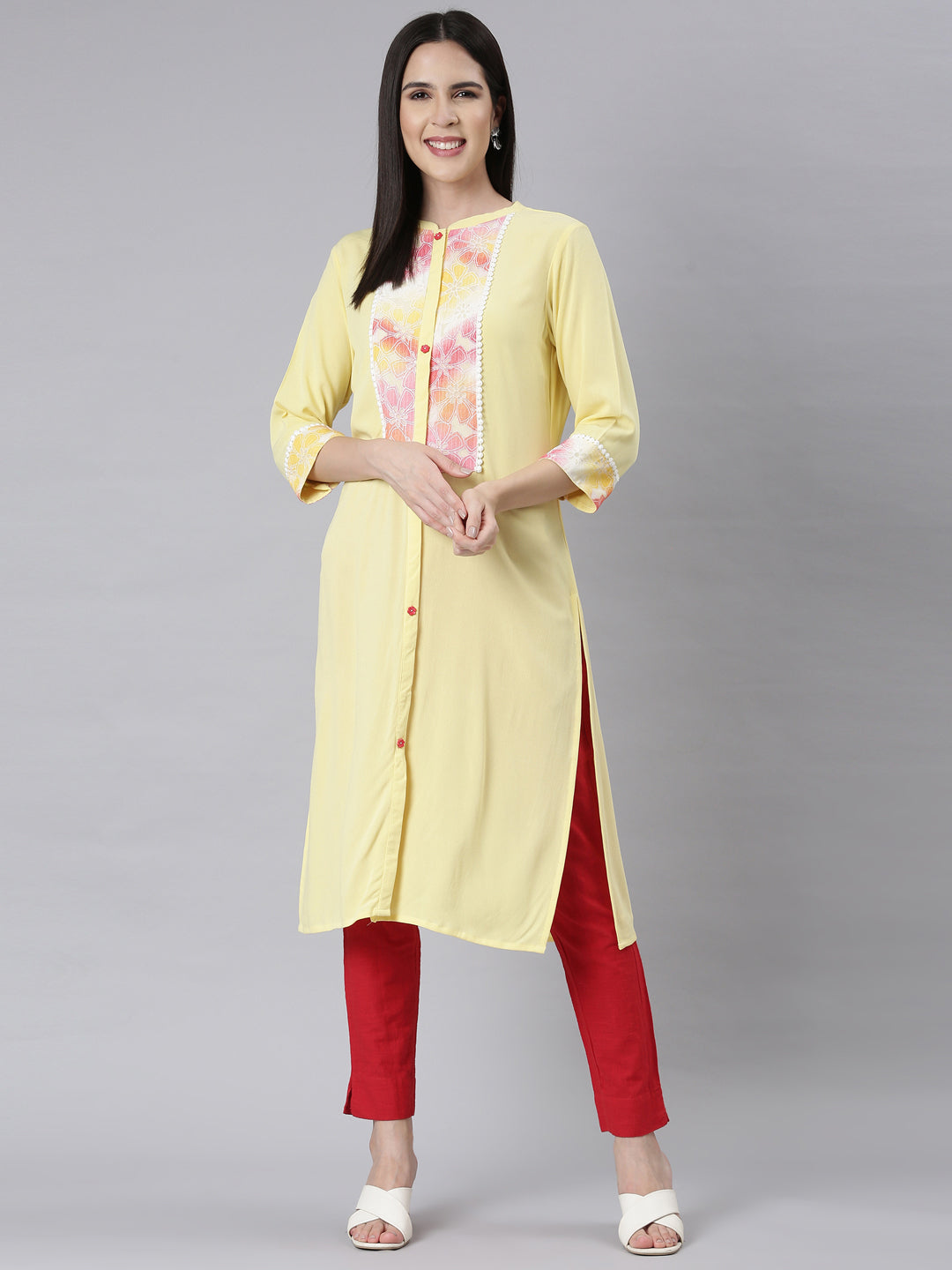 Neerus Lemon Panelled Straight Floral Kurtas