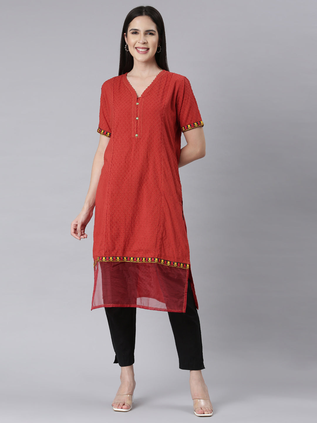 Neerus Rust Panelled Straight Bandhani Kurtas