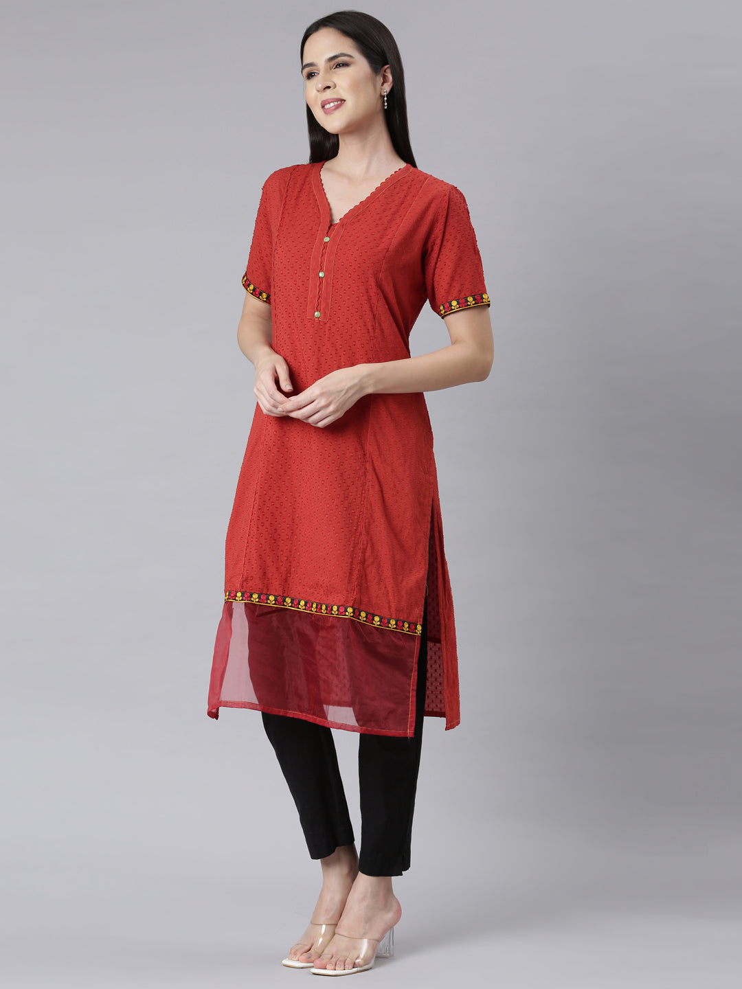 Neerus Rust Panelled Straight Bandhani Kurtas