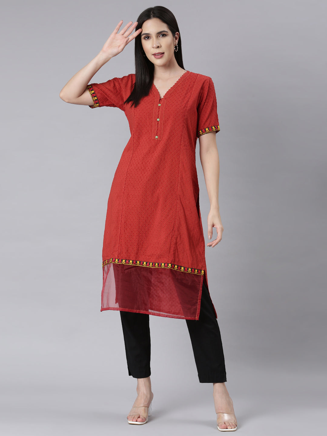 Neerus Rust Panelled Straight Bandhani Kurtas