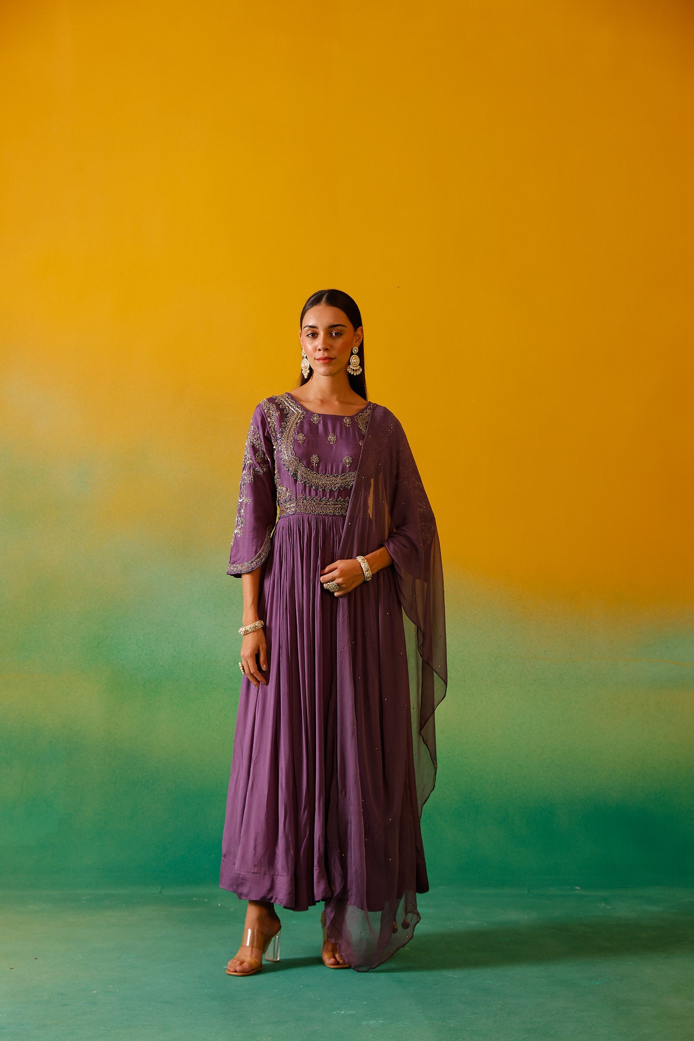 Neerus Lavender Embroidery Chinon Fabric Anarkali and Dupatta.