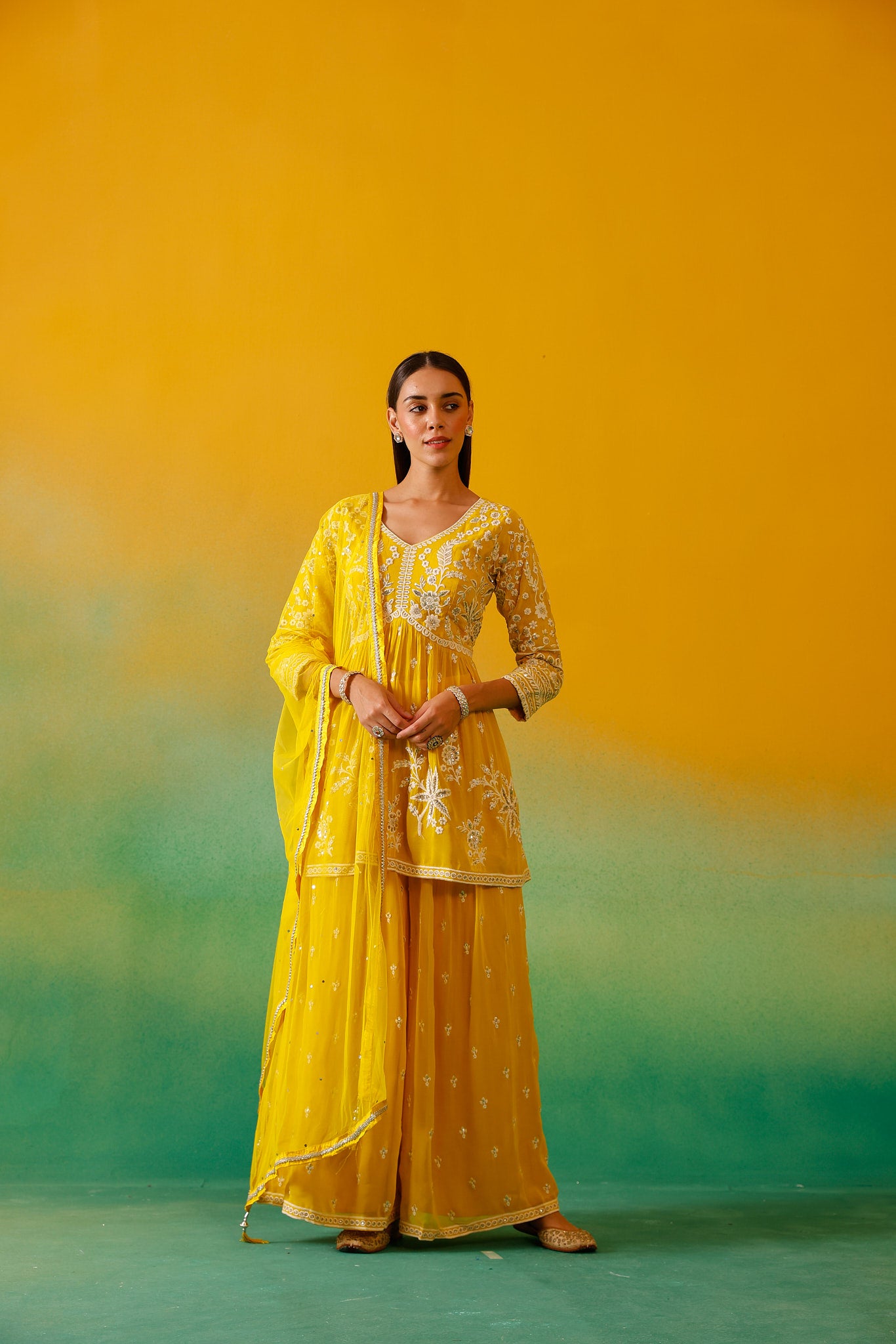 Neerus Yellow Embroidery Georgette Fabric Suit Set.