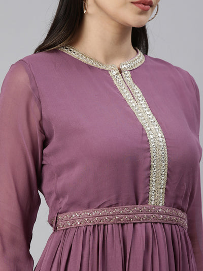 Neerus Women Lavender Thread Work Georgette Anarkali Kurta