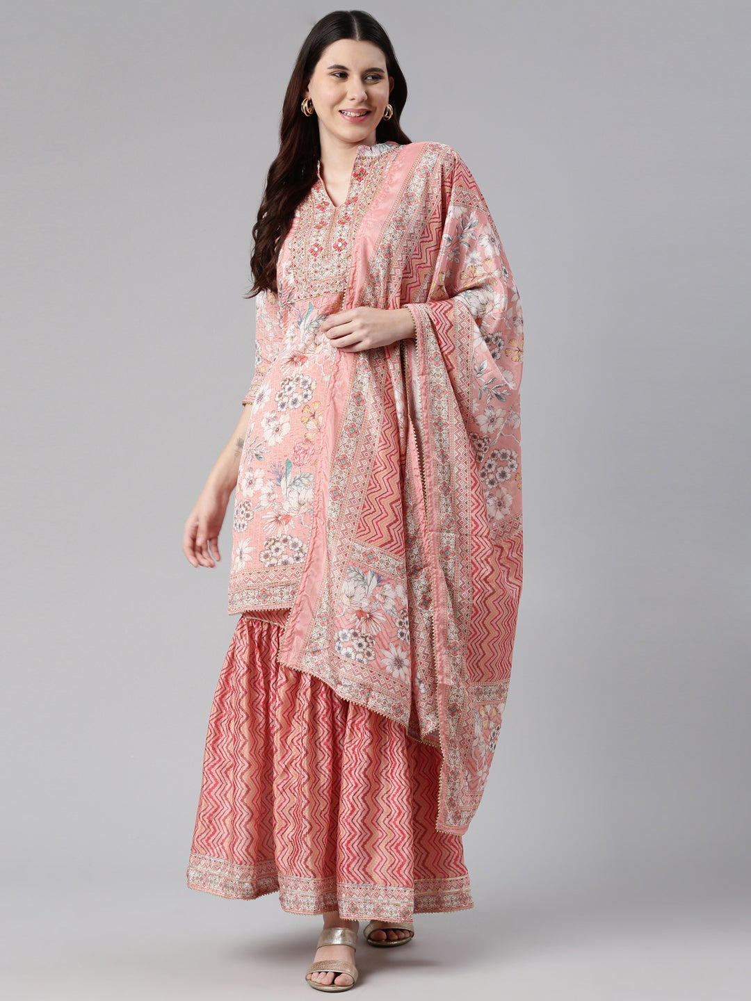 Neerus Ethnic Motifs Embroidered Thread Work Kurta with Sharara With Dupatta