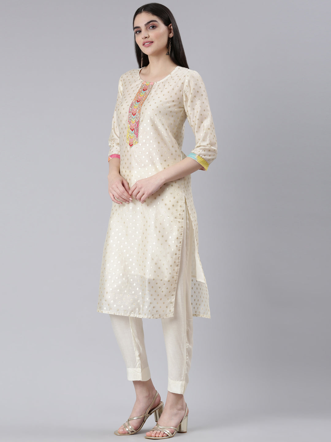 Neeru's Cream Regular Straight Printed Readymade suits