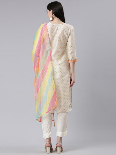 Neeru's Cream Regular Straight Printed Readymade suits