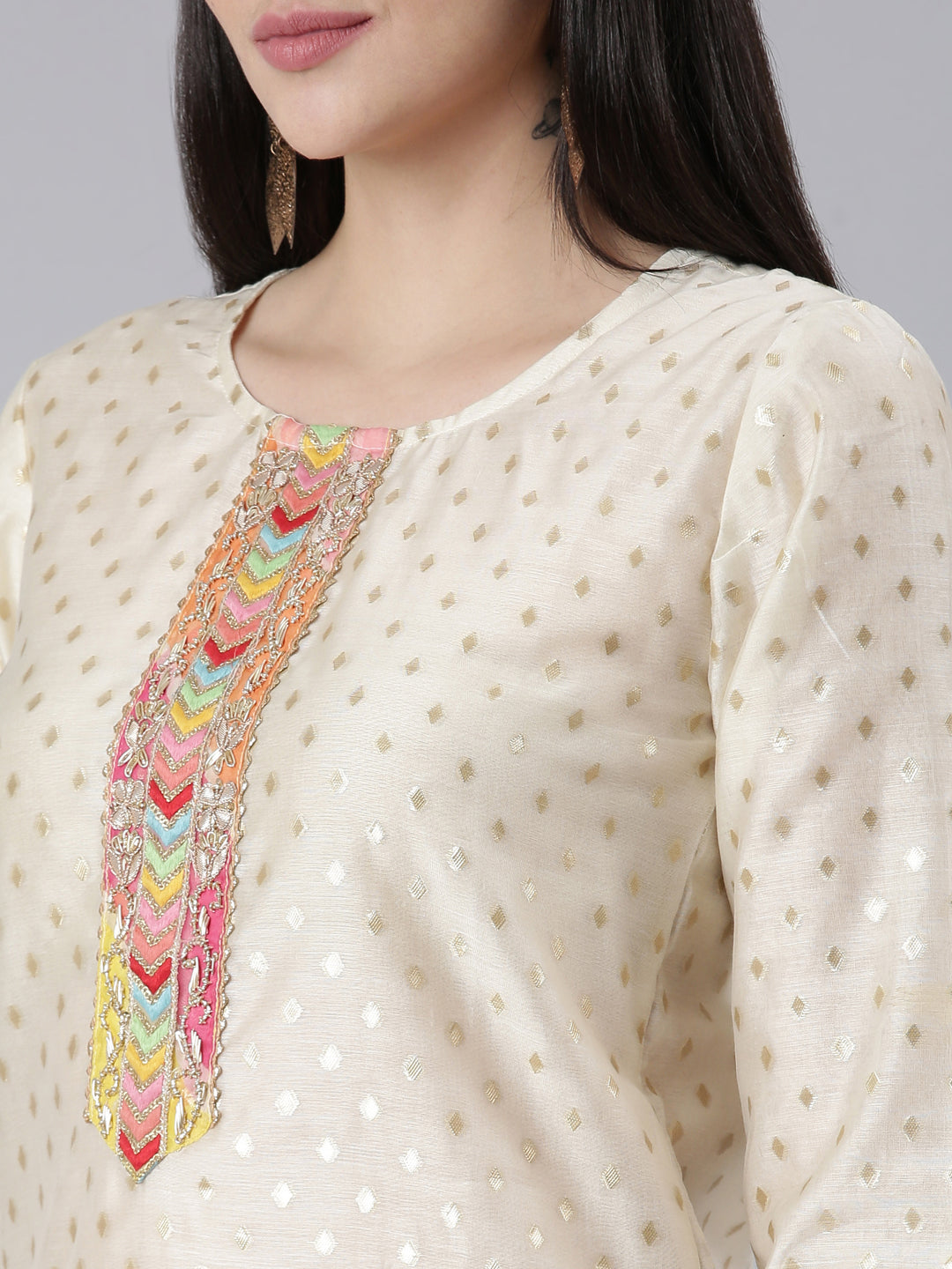 Neeru's Cream Regular Straight Printed Readymade suits