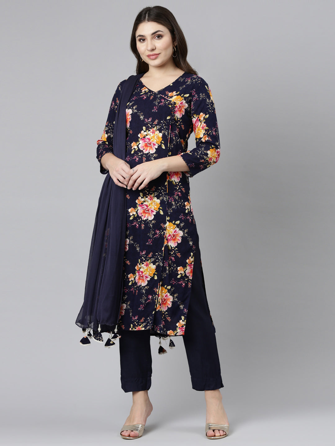 Neeru's Navy Blue Regular Straight Printed Kurta And Trousers With Dupatta