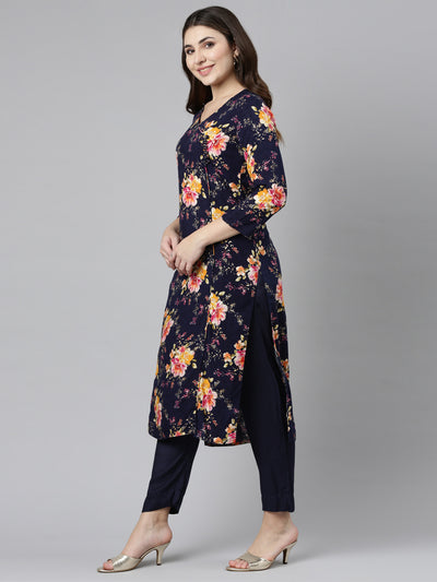 Neeru's Navy Blue Regular Straight Printed Kurta And Trousers With Dupatta