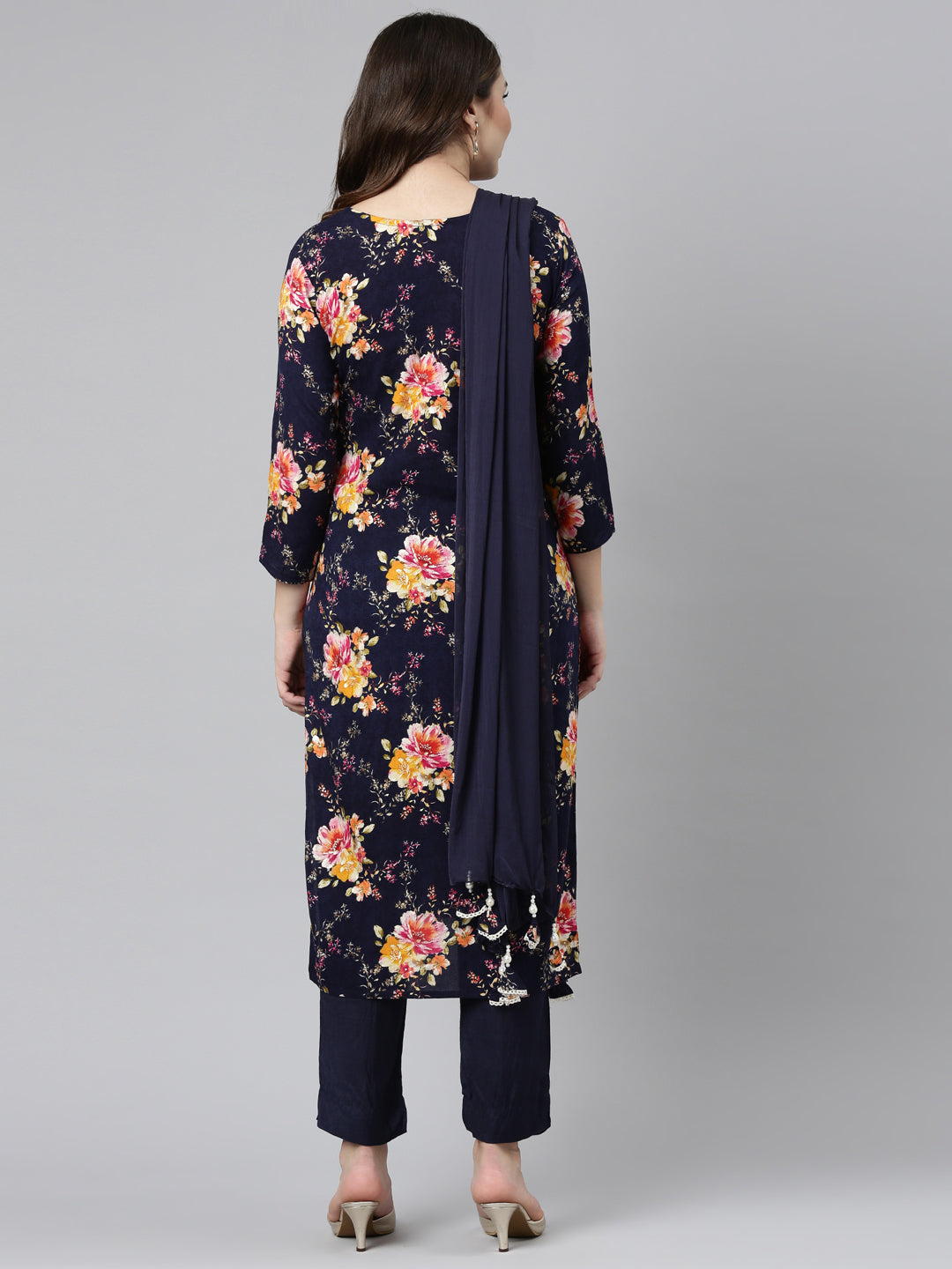 Neeru's Navy Blue Regular Straight Printed Kurta And Trousers With Dupatta