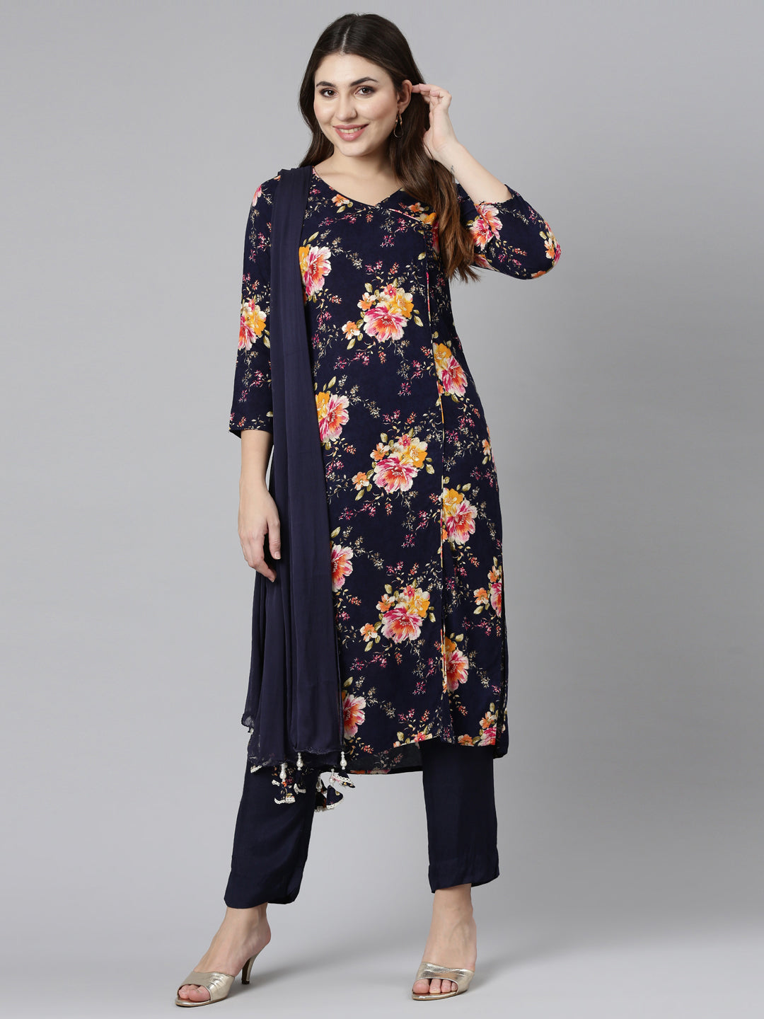 Neeru's Navy Blue Regular Straight Printed Kurta And Trousers With Dupatta