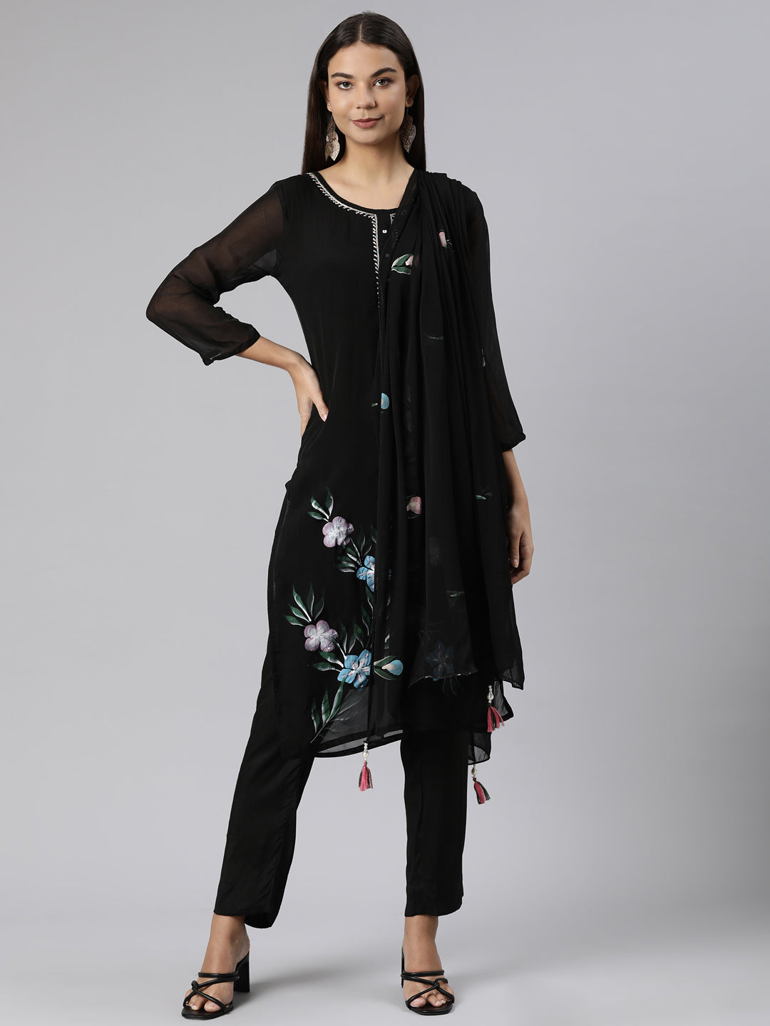 Neeru's Black Regular Straight Floral Kurta And Trousers With Dupatta