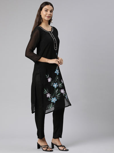 Neeru's Black Regular Straight Floral Kurta And Trousers With Dupatta