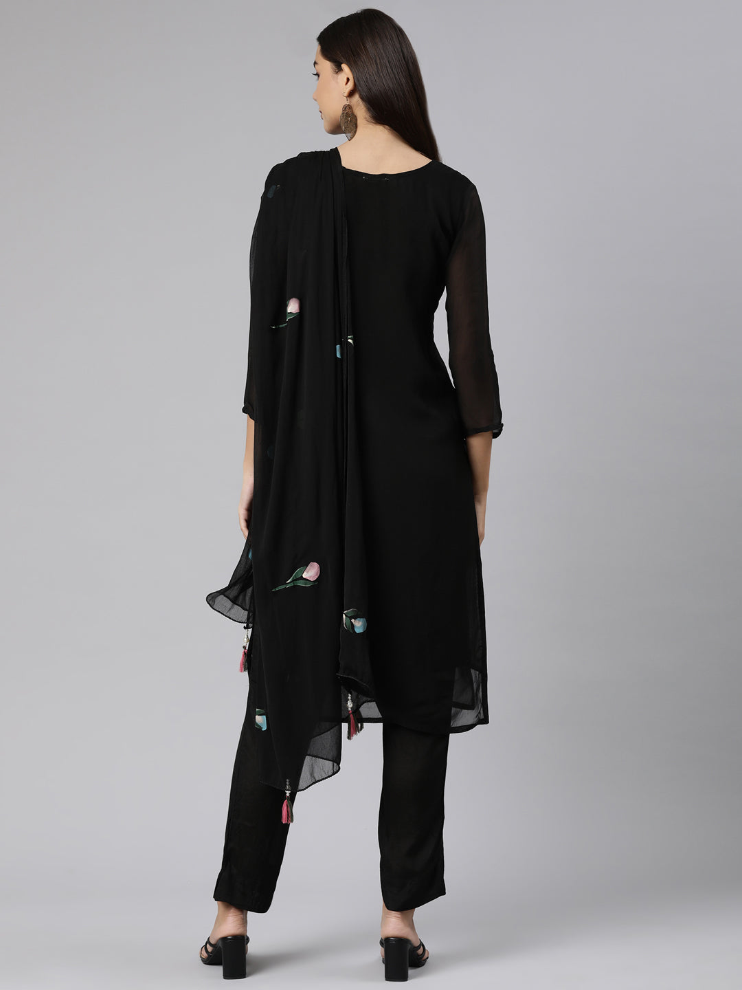 Neeru's Black Regular Straight Floral Kurta And Trousers With Dupatta