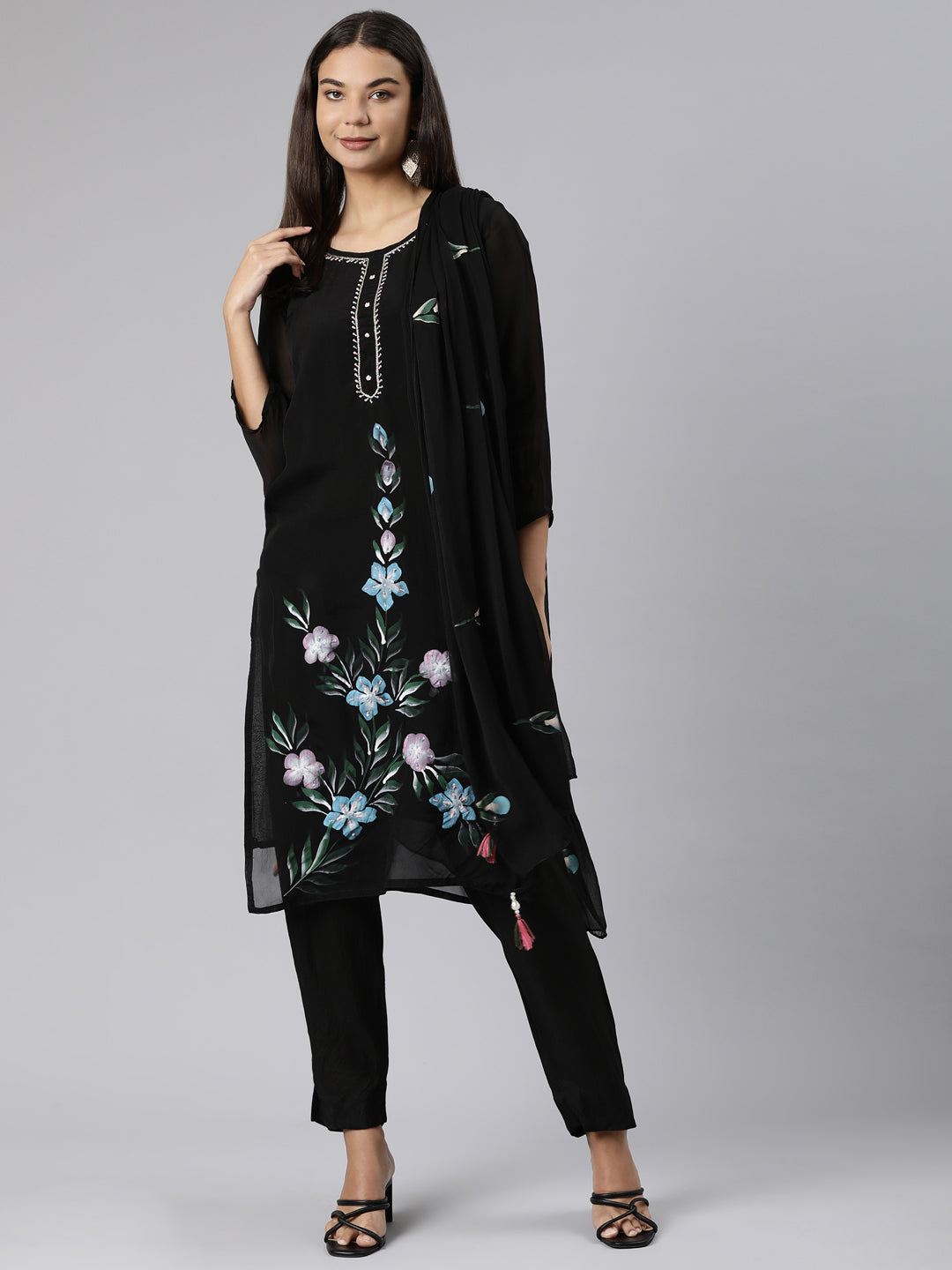 Neeru's Black Regular Straight Floral Kurta And Trousers With Dupatta