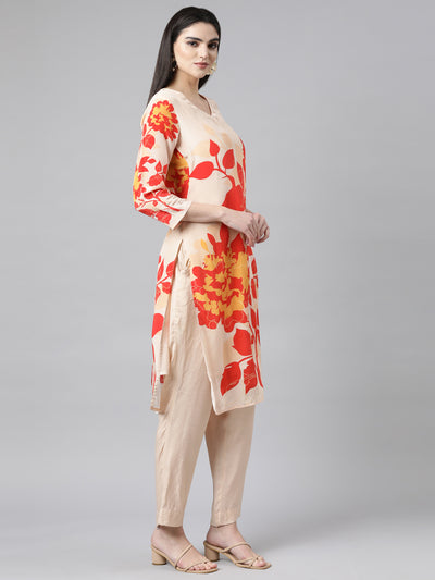 Neerus Beige Regular Straight Floral Kurta And Trousers With Dupatta