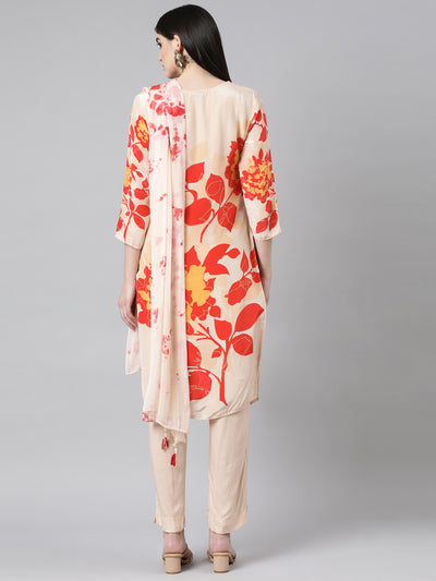 Neerus Beige Regular Straight Floral Kurta And Trousers With Dupatta