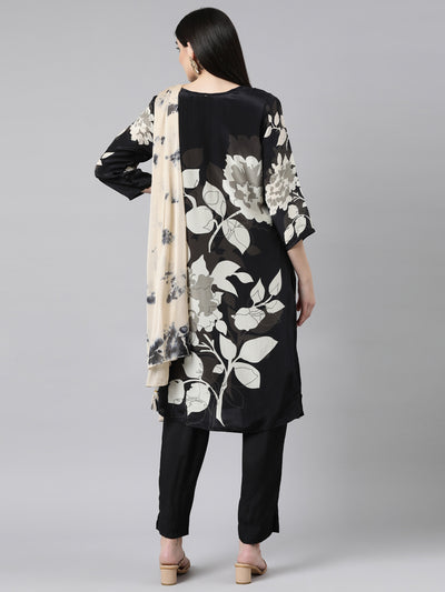 Neerus Black Regular Straight Floral Kurta And Trousers With Dupatta