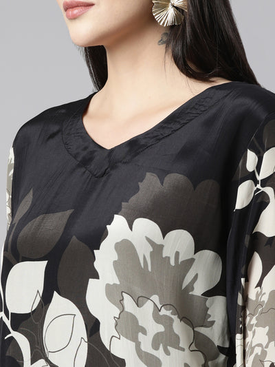 Neerus Black Regular Straight Floral Kurta And Trousers With Dupatta