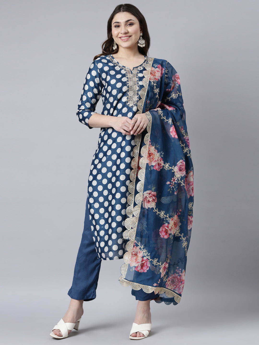 Neerus Blue Regular Straight Bandhani Kurta And Trousers With Dupatta