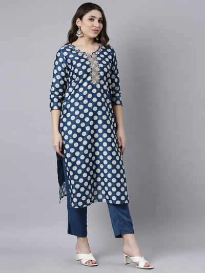 Neerus Blue Regular Straight Bandhani Kurta And Trousers With Dupatta