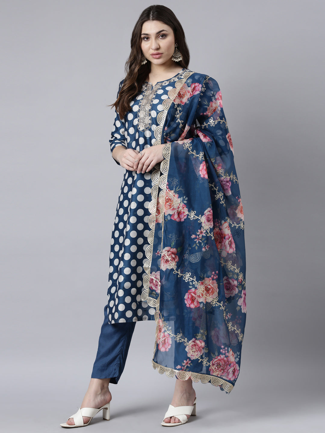 Neerus Blue Regular Straight Bandhani Kurta And Trousers With Dupatta