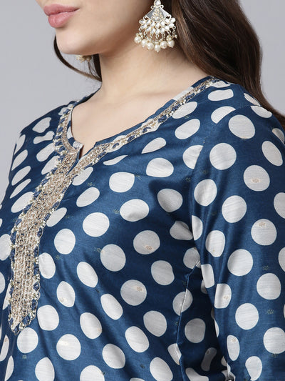 Neerus Blue Regular Straight Bandhani Kurta And Trousers With Dupatta