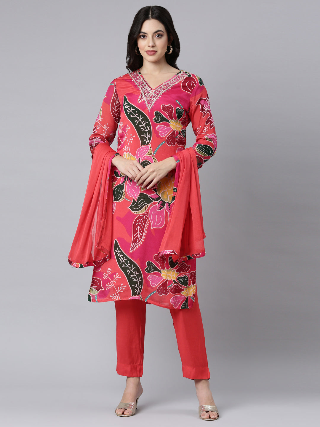 Neerus Pink Regular Straight Floral Kurta And Trousers With Dupatta