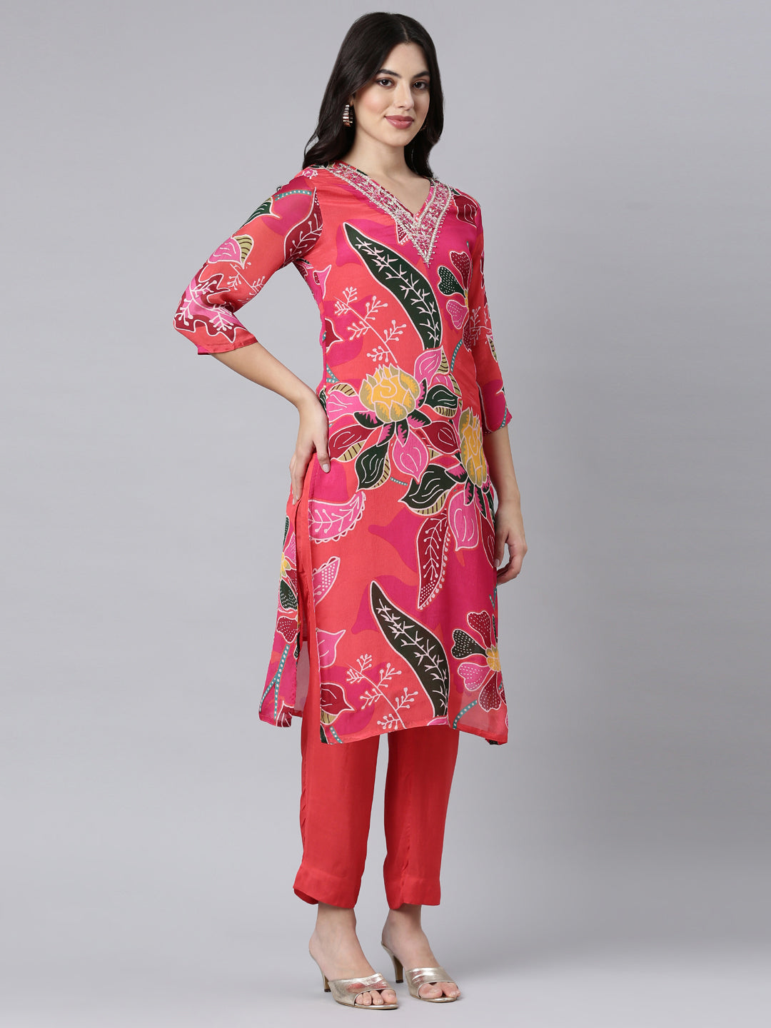 Neerus Pink Regular Straight Floral Kurta And Trousers With Dupatta