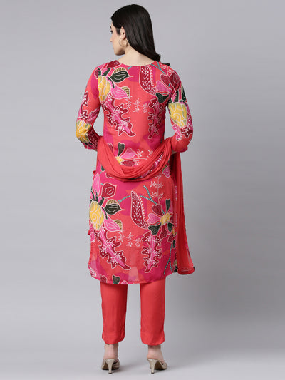 Neerus Pink Regular Straight Floral Kurta And Trousers With Dupatta