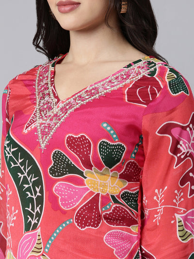 Neerus Pink Regular Straight Floral Kurta And Trousers With Dupatta