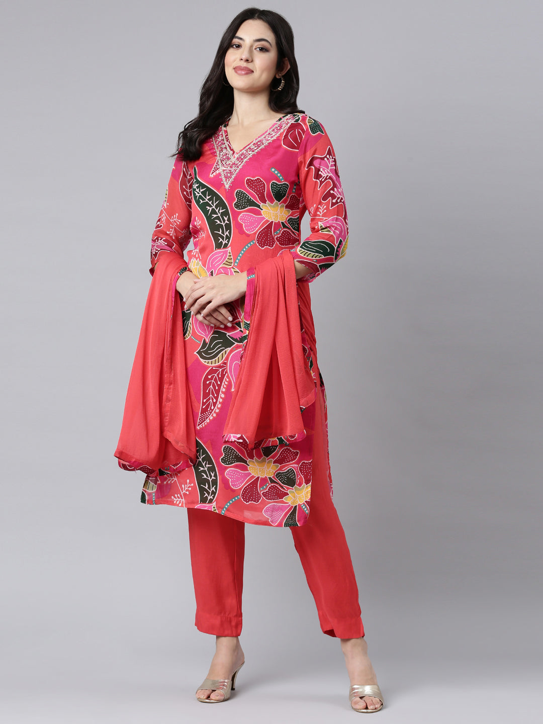 Neerus Pink Regular Straight Floral Kurta And Trousers With Dupatta